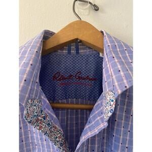 Robert Graham Men's S Blue Purple Check Dots & Floral Trim LS Shirt Button Up